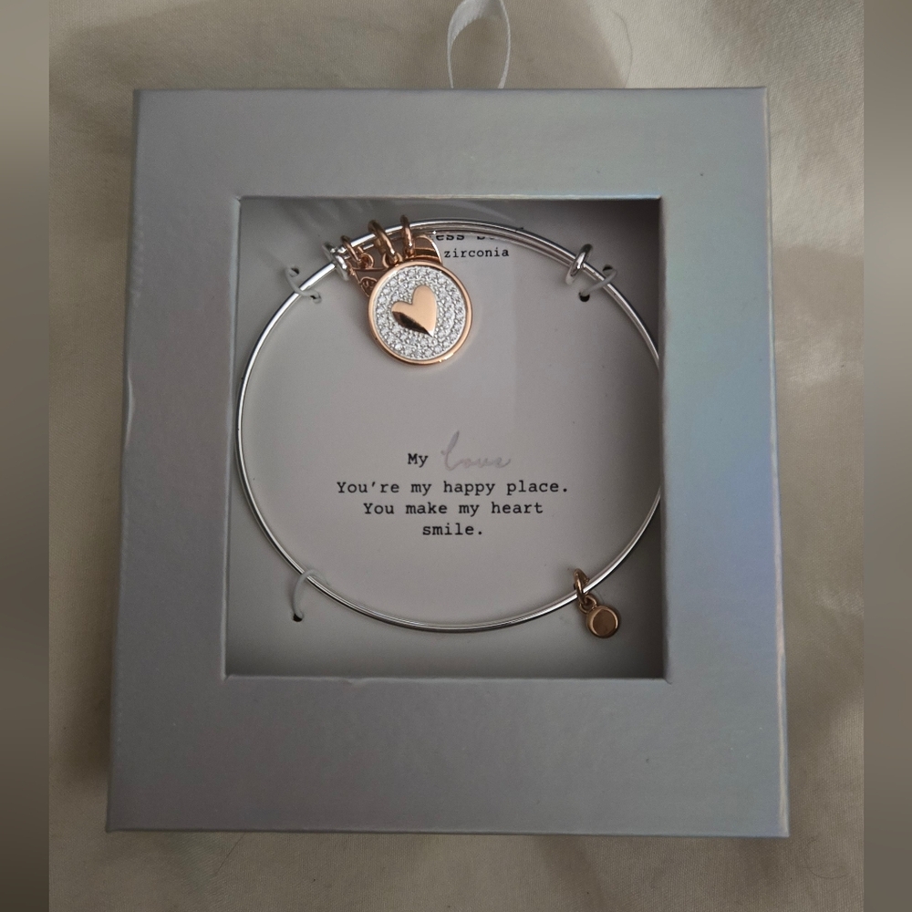 NEW Stainless Steel, Cubic Zirconia and Rose Gold Heart Charm Bracelet